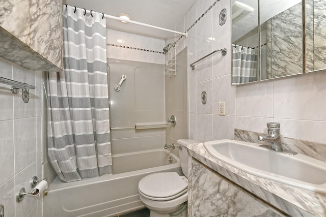 29 Castle Ln, Levittown, NY 11756 - bathroom featuring tile walls, shower / bathtub combination with curtain, vanity, and toilet