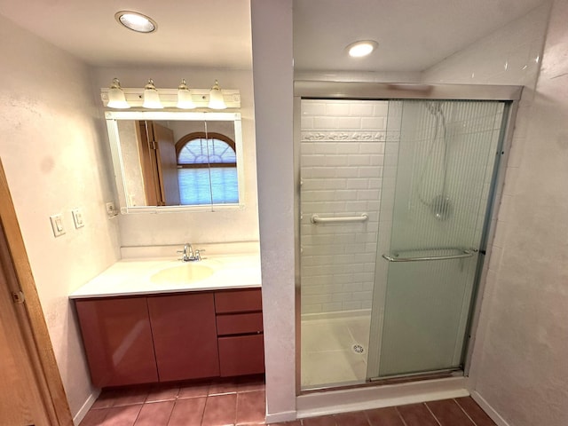 61 John St, Port Jefferson Station, NY 11776 - full bath featuring vanity, a shower stall, tile patterned flooring, baseboards, and recessed lighting