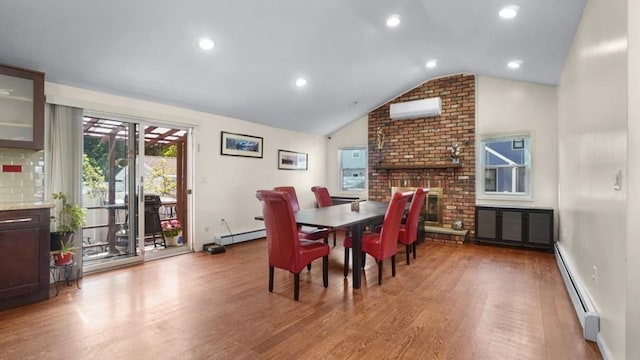 1434 Noel Ave, Hewlett, NY 11557 - dining area with baseboard heating, an AC wall unit, vaulted ceiling, wood finished floors, and recessed lighting