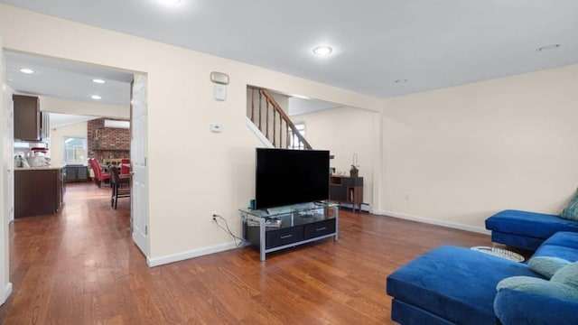 1434 Noel Ave, Hewlett, NY 11557 - living area featuring stairs, wood finished floors, baseboards, and recessed lighting