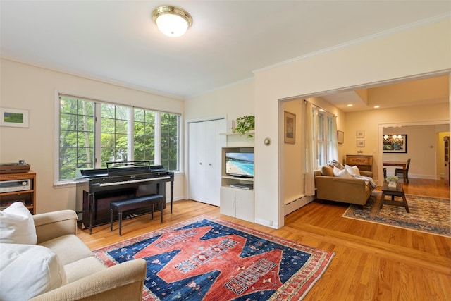 7 Ravine Dr, Hastings-On-Hudson, NY 10706 - living area featuring light wood-type flooring, crown molding, a baseboard radiator, and baseboards
