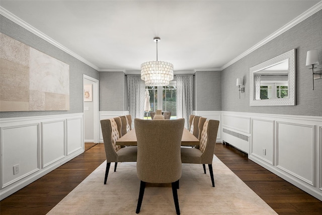 68 Greenhaven Rd, Rye, NY 10580 - dining space featuring radiator heating unit, healthy amount of natural light, dark wood finished floors, ornamental molding, and a wainscoted wall