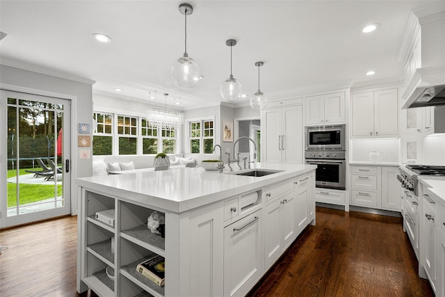 68 Greenhaven Rd, Rye, NY 10580 - kitchen featuring stainless steel appliances, custom exhaust hood, recessed lighting, crown molding, and light countertops