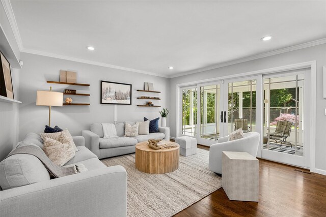 68 Greenhaven Rd, Rye, NY 10580 - living area featuring dark wood-style flooring, ornamental molding, and recessed lighting