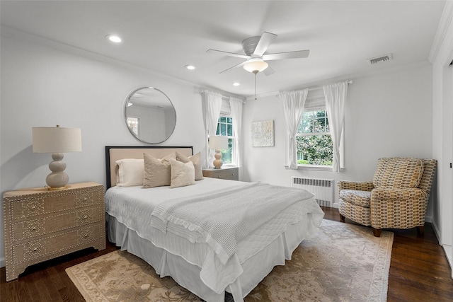 68 Greenhaven Rd, Rye, NY 10580 - bedroom featuring radiator heating unit, crown molding, dark wood-style floors, recessed lighting, and a ceiling fan