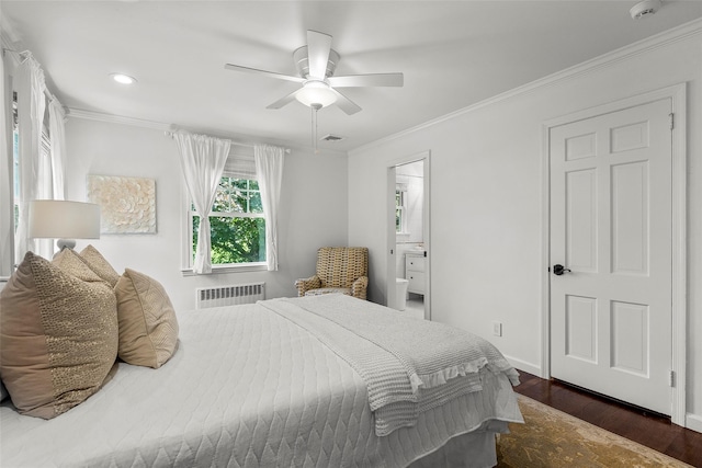 68 Greenhaven Rd, Rye, NY 10580 - bedroom featuring radiator, dark wood finished floors, recessed lighting, crown molding, and ensuite bathroom
