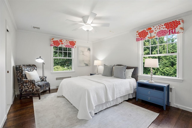 68 Greenhaven Rd, Rye, NY 10580 - bedroom with radiator heating unit, multiple windows, wood finished floors, and ornamental molding