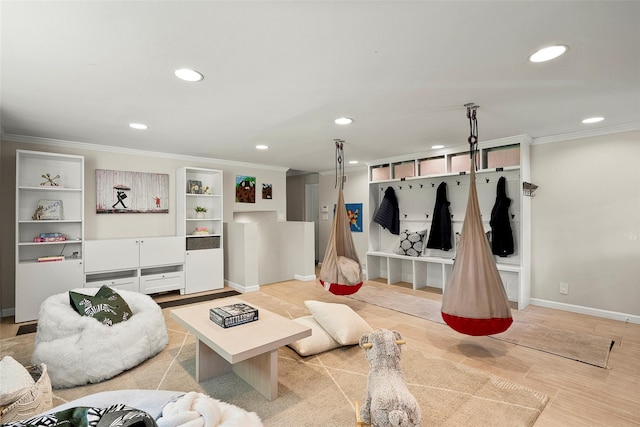 68 Greenhaven Rd, Rye, NY 10580 - living room featuring crown molding, recessed lighting, and light wood-type flooring