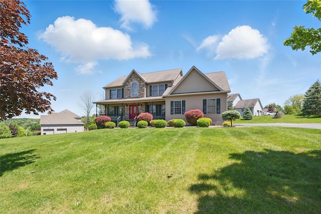 15 Prestwick Dr, Monroe, NY 10950 - view of front of house with a front yard, stone siding, and a porch