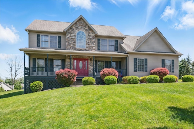 15 Prestwick Dr, Monroe, NY 10950 - view of front facade with covered porch, a front lawn, and stone siding