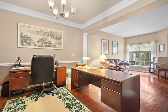 837 Huntington Dr Unit 152, Fishkill, NY 12524 - office space featuring hardwood / wood-style floors, a chandelier, ornamental molding, and decorative columns