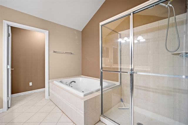 837 Huntington Dr Unit 152, Fishkill, NY 12524 - full bathroom featuring a bath, a shower stall, lofted ceiling, and tile patterned flooring