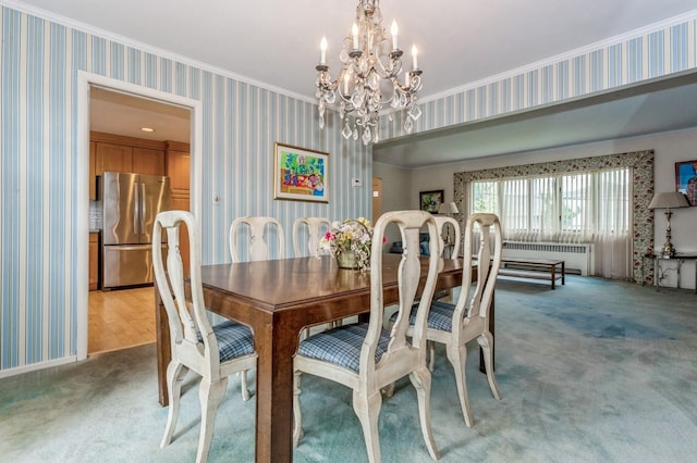 409 Jordan St, Oceanside, NY 11572 - dining room featuring wallpapered walls, light carpet, a chandelier, crown molding, and radiator