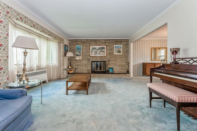 409 Jordan St, Oceanside, NY 11572 - living area with crown molding, carpet floors, radiator heating unit, and a fireplace