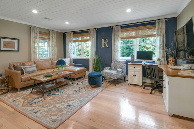 416 Sleepy Hollow Rd, Briarcliff Manor, NY 10510 - living area with crown molding, an office area, light wood-style floors, recessed lighting, and wood ceiling