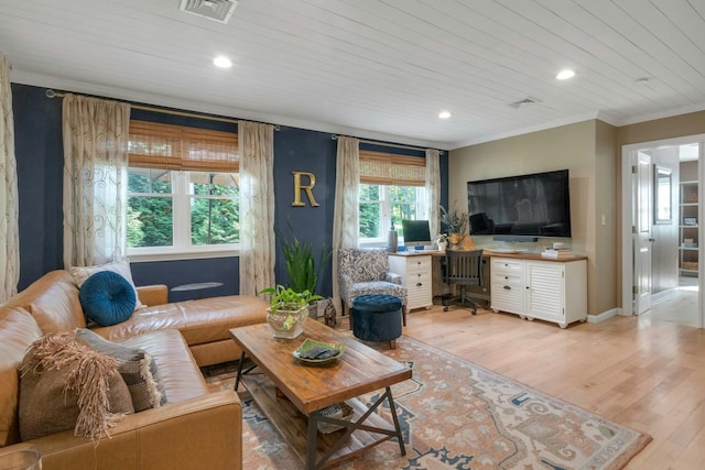 416 Sleepy Hollow Rd, Briarcliff Manor, NY 10510 - living room with an office area, light wood finished floors, crown molding, recessed lighting, and wooden ceiling