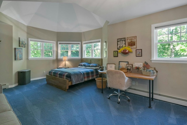 416 Sleepy Hollow Rd, Briarcliff Manor, NY 10510 - carpeted bedroom with multiple windows, baseboards, a baseboard radiator, and lofted ceiling