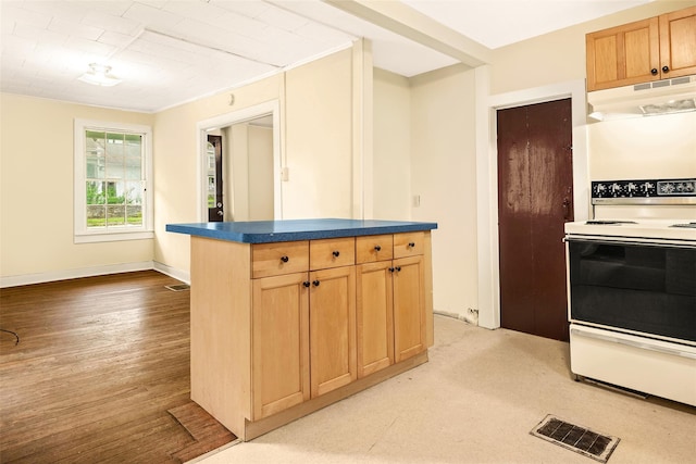 1 Green St, Gilbertsville, NY 13776 - kitchen with white electric range, under cabinet range hood, dark countertops, light brown cabinets, and baseboards
