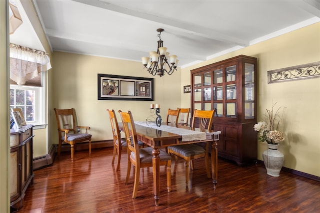 98 Bluespruce Rd, Levittown, NY 11756 - dining area featuring a chandelier, dark wood finished floors, beam ceiling, and baseboards