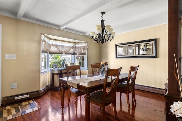 98 Bluespruce Rd, Levittown, NY 11756 - dining area featuring a baseboard radiator, beamed ceiling, dark wood-type flooring, and a chandelier
