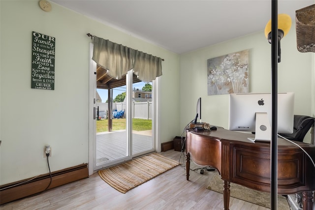 98 Bluespruce Rd, Levittown, NY 11756 - office with a baseboard heating unit and wood finished floors