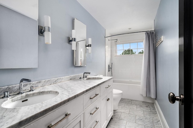 1015 Seven Oaks Ln, Mamaroneck, NY 10543 - full bathroom featuring marble finish floors, toilet, baseboards, double vanity, and shower / bath combination with curtain