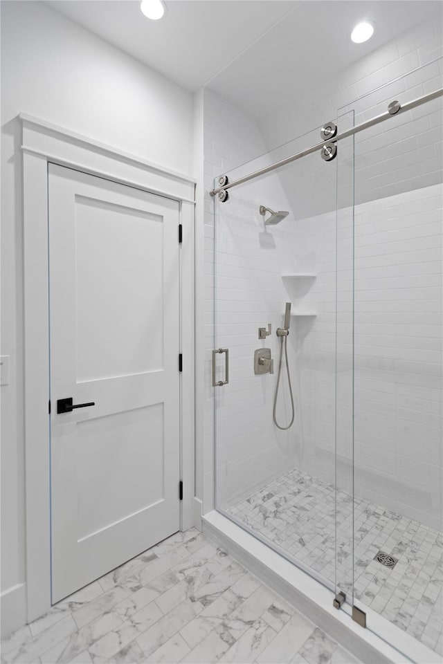 35 Club Dr, Baiting Hollow, NY 11933 - full bathroom with recessed lighting, a shower stall, and marble look tiles