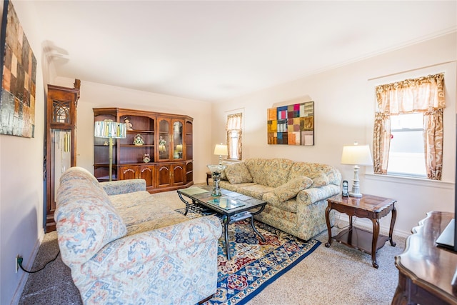 living area featuring carpet, baseboards, and crown molding