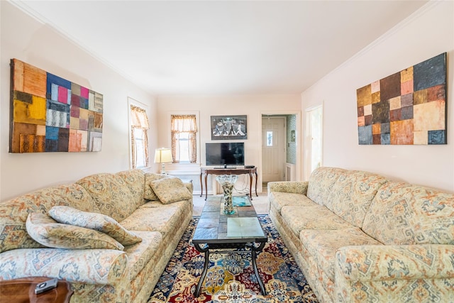living room featuring crown molding