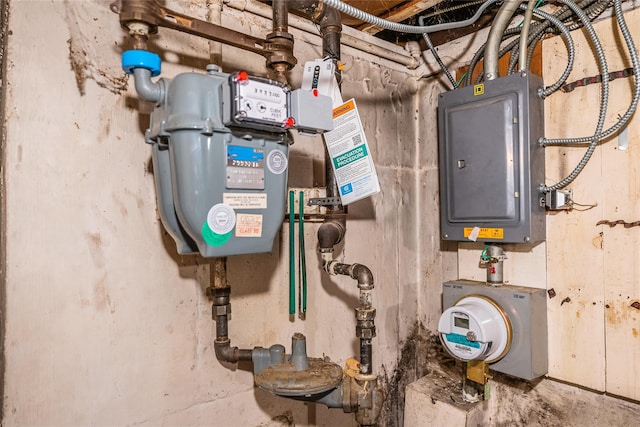 utility room featuring electric meter, electric panel, and gas meter