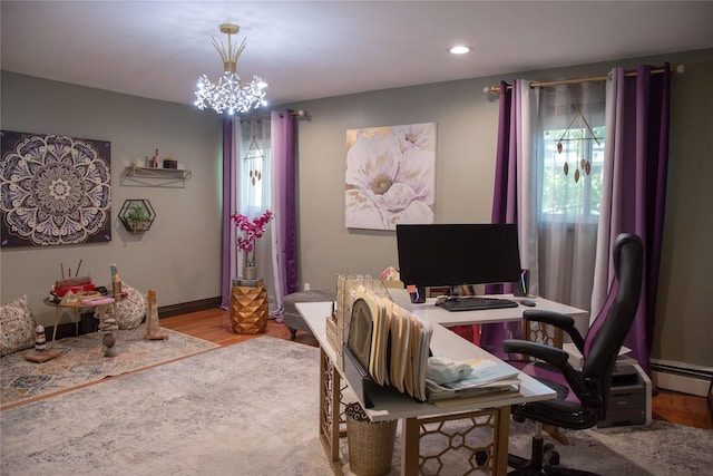 1010 S End, Woodmere, NY 11598 - office space with plenty of natural light, wood finished floors, a chandelier, a baseboard radiator, and recessed lighting