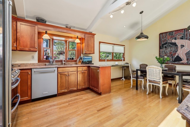 1 Meadowood Path, New Rochelle, NY 10804 - kitchen featuring stainless steel appliances, a peninsula, brown cabinetry, light wood-type flooring, and decorative light fixtures