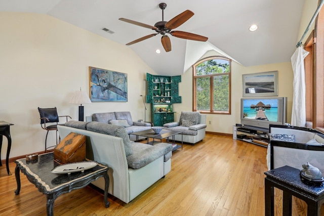 1 Meadowood Path, New Rochelle, NY 10804 - living room with a ceiling fan, lofted ceiling, light wood-style floors, baseboards, and recessed lighting