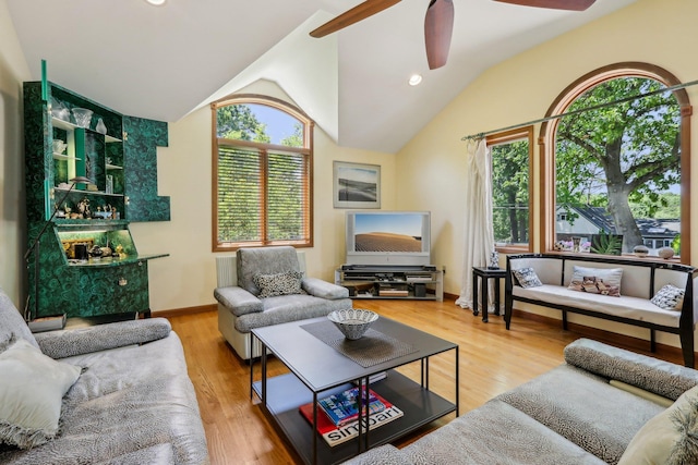 1 Meadowood Path, New Rochelle, NY 10804 - living room with a ceiling fan, vaulted ceiling, wood finished floors, recessed lighting, and baseboards