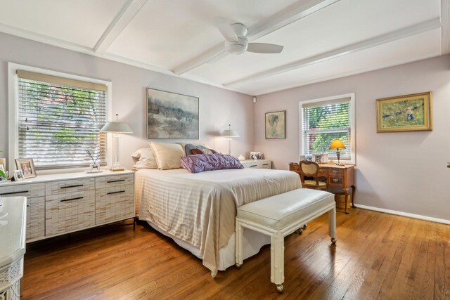 1 Meadowood Path, New Rochelle, NY 10804 - bedroom featuring beam ceiling, light wood-style floors, ceiling fan, and baseboards