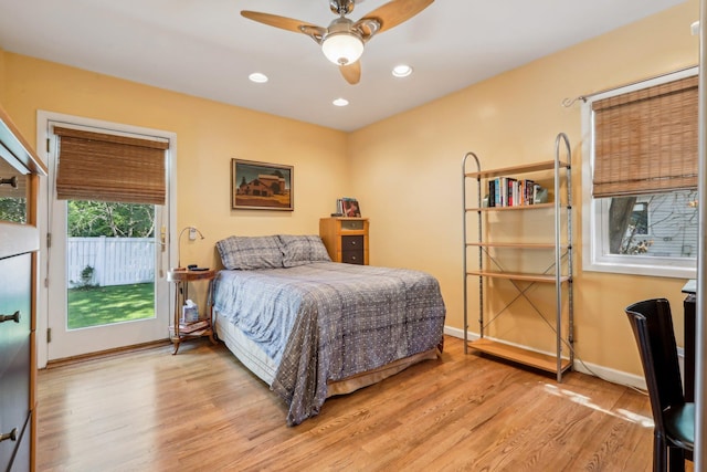 1 Meadowood Path, New Rochelle, NY 10804 - bedroom with access to outside, light wood-style flooring, baseboards, a ceiling fan, and recessed lighting
