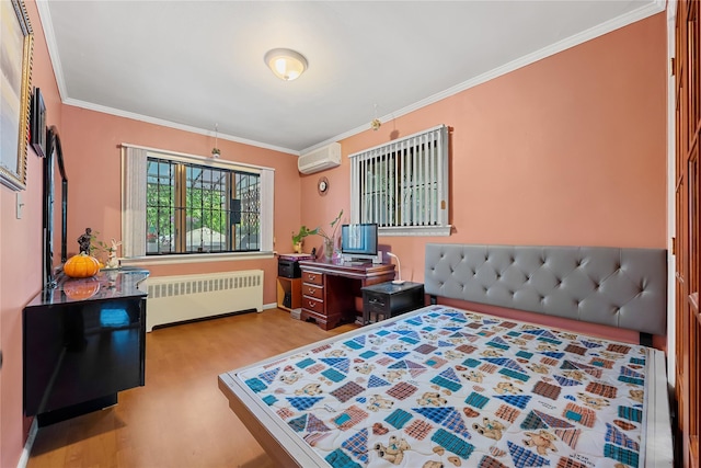 17-12 Starr St, Ridgewood, NY 11385 - bedroom with radiator heating unit, a wall mounted air conditioner, wood finished floors, crown molding, and baseboards