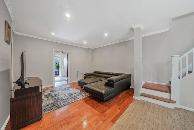 70-27 69th St, Glendale, NY 11385 - living room with ornamental molding, wood-type flooring, stairway, baseboards, and recessed lighting
