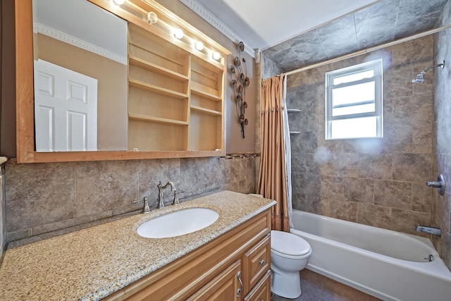 70-27 69th St, Glendale, NY 11385 - full bath featuring vanity, shower / bath combination with curtain, toilet, and tasteful backsplash