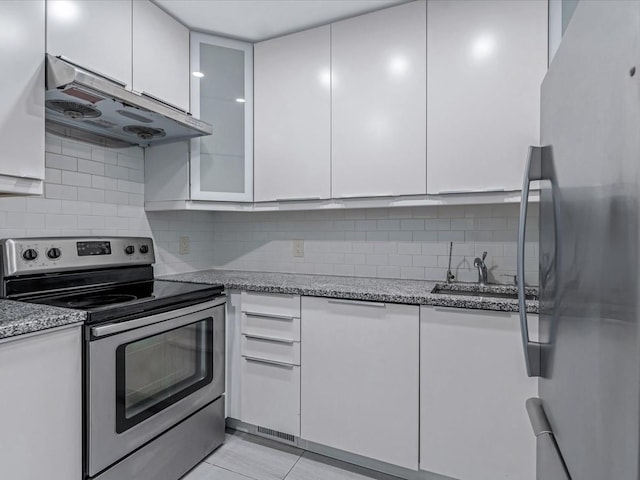 10 Wooleys Ln Unit 1F, Great Neck, NY 11023 - kitchen with stainless steel appliances, under cabinet range hood, white cabinetry, a sink, and backsplash