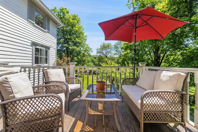679 Titicus Rd, North Salem, NY 10560 - wooden terrace featuring an outdoor living space and view of wooded area