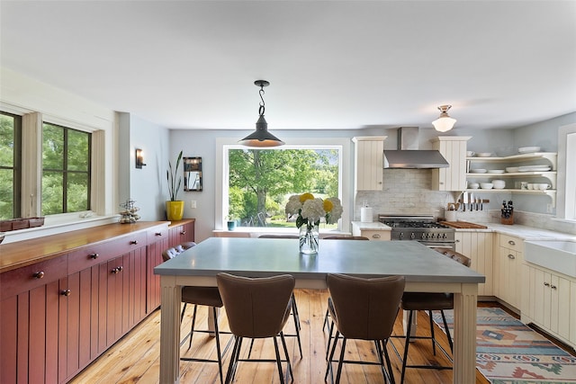 679 Titicus Rd, North Salem, NY 10560 - kitchen with wall chimney exhaust hood, stainless steel stove, open shelves, and healthy amount of natural light