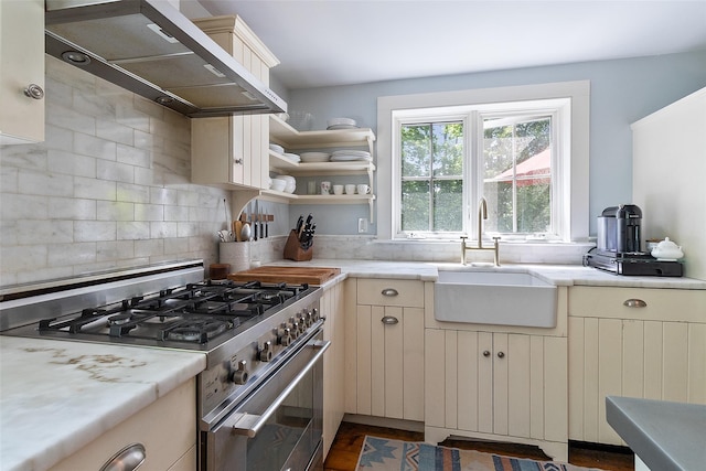 679 Titicus Rd, North Salem, NY 10560 - kitchen with stainless steel range with gas stovetop, range hood, a sink, tasteful backsplash, and light stone countertops