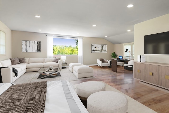679 Titicus Rd, North Salem, NY 10560 - living room featuring light wood finished floors, recessed lighting, vaulted ceiling, and baseboards