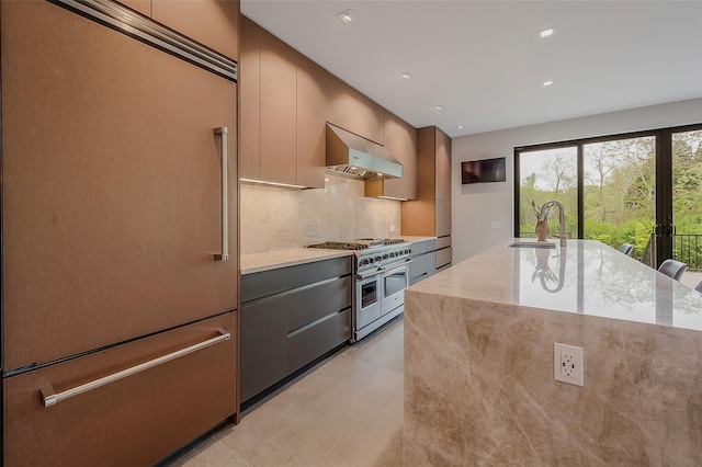 7 Robin Ln, Shelter Island Heights, NY 11964 - kitchen featuring premium appliances, ventilation hood, a sink, backsplash, and modern cabinets