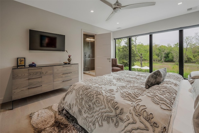 7 Robin Ln, Shelter Island Heights, NY 11964 - bedroom featuring wood finished floors, access to outside, ensuite bathroom, recessed lighting, and ceiling fan