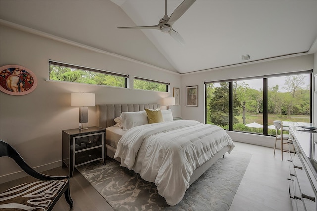 7 Robin Ln, Shelter Island Heights, NY 11964 - bedroom featuring high vaulted ceiling and ceiling fan