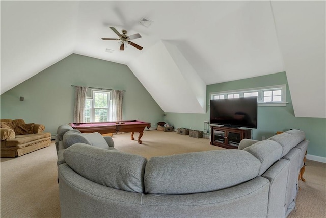 32 Old Chester Rd, Goshen, NY 10924 - carpeted living area with lofted ceiling, plenty of natural light, billiards table, and a ceiling fan