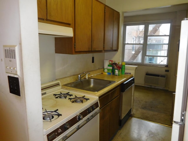 377 N Broadway Unit 601, Yonkers, NY 10701 - kitchen featuring white gas range oven, dishwasher, under cabinet range hood, light countertops, and a sink