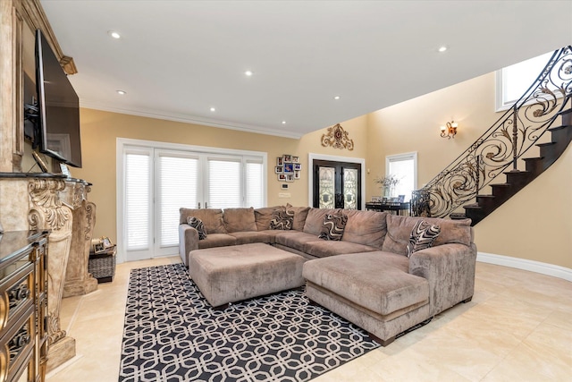 142-30 13th Ave, Malba, NY 11357 - living room featuring stairs, crown molding, recessed lighting, a fireplace, and light tile patterned flooring